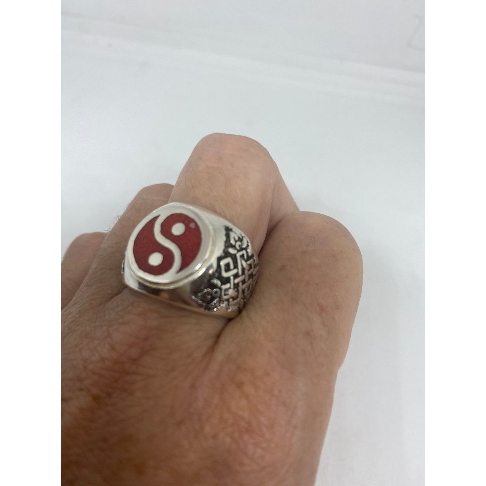 Vintage Gothic Red coral Yin Yang Mens Ring